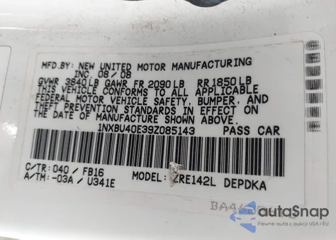 2009 Toyota Corolla Le from USA, damaged, VIN 1NXBU40E39Z085143